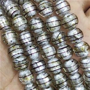 Larmwork Glass Beads With Silver Foil Round Line Gray, approx 12mm dia [PP10475]