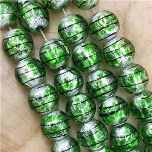 Larmwork Glass Beads With Silver Foil Round Line Green, approx 12mm dia [PP10476]