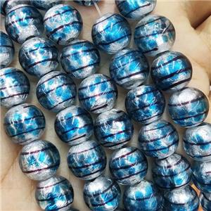 Larmwork Glass Beads With Silver Foil Round Line Aqua, approx 12mm dia [PP10477]