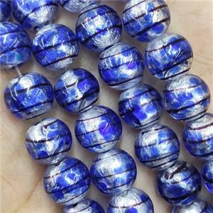 Larmwork Glass Beads With Silver Foil Round Line Blue, approx 12mm dia [PP10478]