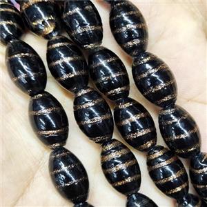 Black Lampwork Glass Beads Rice Gold Foil, approx 10-16mm [PP10490]