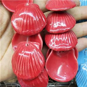 Red Porcelain Pendant Scallop Shell Shape, approx 35-37mm, 10pcs per st [PP10560]