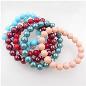 pearlized shell bracelet, stretch, round, mixed, approx 10mm dia [SHEPL241]
