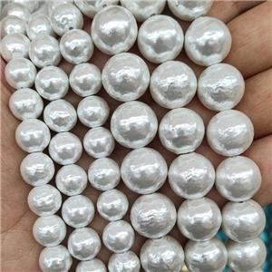 Baroque Style White Pearlized Shell Round Beads Hammered, approx 12mm dia [SHEPL281-12MM]