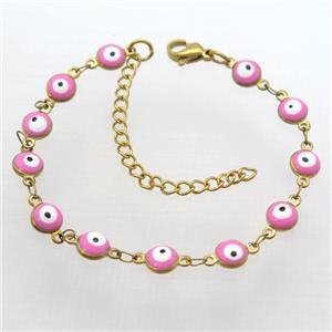 stainless steel bracelet with pink evil eye, resizable, gold plated, approx 6mm, 16-20cm length [SSB0385]