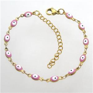 stainless steel bracelet with pink evil eye, Adjustable, gold plated, approx 4-5.5mm, 16-20cm length [SSB0388]