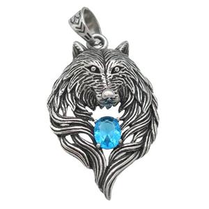 stainless steel wolf pendant, antique silver, approx 35-48mm [SSB0461]