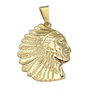 stainless steel Indian Chief Head pendant, gold plated, approx 32-37mm [SSB0479]