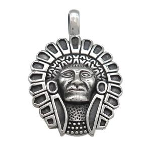 stainless steel Indian Chief Head pendant, antique silver, approx 29-33mm [SSB0483]