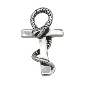 stainless steel snake cross pendant, antique silver, approx 22-40mm [SSB0493]