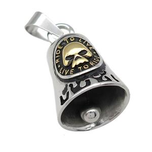 stainless steel Bell pendant, Skull Charm, antique silver, approx 25-28mm [SSB0499]
