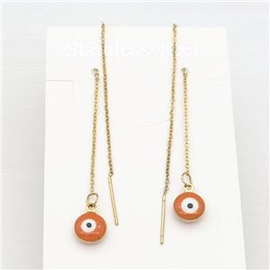 stainless steel Wire Earring with orange enamel Evil Eye, gold plated, approx 1mm, 8mm, 11cm length [SSB0535]
