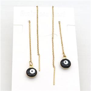 stainless steel Wire Earring with black enamel Evil Eye, gold plated, approx 1mm, 8mm, 11cm length [SSB0538]