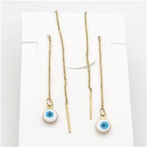 stainless steel Wire Earring with white enamel Evil Eye, gold plated, approx 1mm, 8mm, 11cm length [SSB0539]