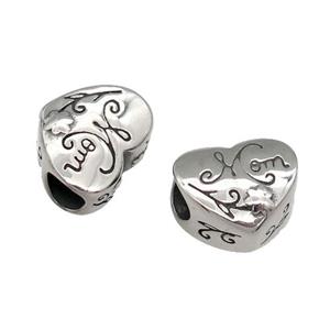 Stainless Steel heart Beads, MOM, antique silver, approx 11-13mm, 5mm hole [SSB0572]