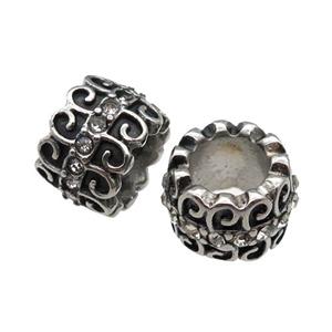 Stainless Steel tube Beads pave rhinestone, large hole, antique silver, approx 11mm, 6mm hole [SSB0599]