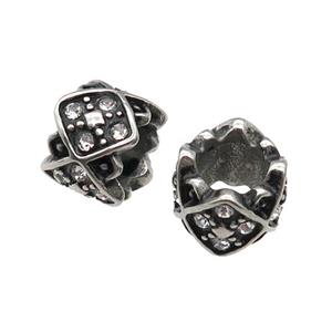 Stainless Steel tube Beads pave rhinestone, large hole, antique silver, approx 11mm, 6mm hole [SSB0601]