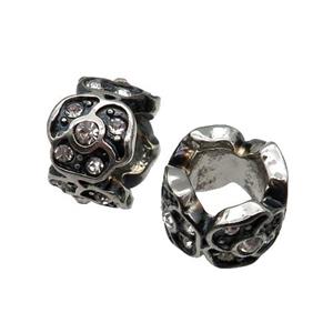 Stainless Steel tube Beads pave rhinestone, large hole, antique silver, approx 11mm, 6mm hole [SSB0603]