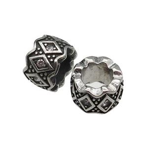 Stainless Steel tube Beads pave rhinestone, large hole, antique silver, approx 11mm, 6mm hole [SSB0604]