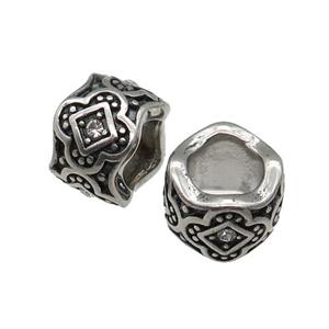 Stainless Steel tube Beads pave rhinestone, large hole, antique silver, approx 11mm, 6mm hole [SSB0605]