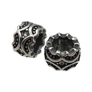 Stainless Steel tube Beads pave rhinestone, large hole, antique silver, approx 11mm, 6mm hole [SSB0606]