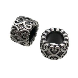 Stainless Steel tube Beads pave rhinestone, large hole, antique silver, approx 11mm, 6mm hole [SSB0608]