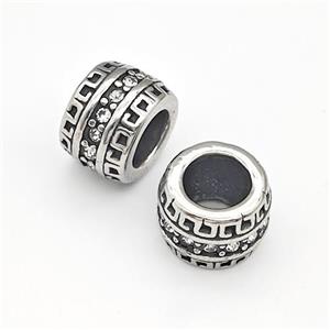 Stainless Steel European Beads Tube Micro Pave Rhinestone, large hole, antique silver, approx 11mm, 6mm hole [SSB0609]
