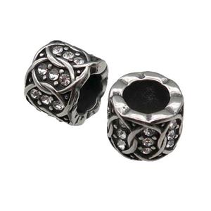Stainless Steel tube Beads pave rhinestone, large hole, antique silver, approx 11mm, 6mm hole [SSB0611]