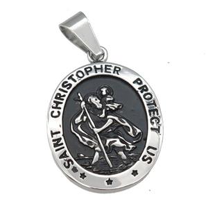 Stainless Steel Christopher medallion charm pendant antique silver, approx 29-35mm [SSB0729]