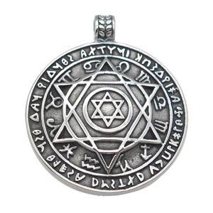 Stainless Steel circle pendant david star zodiac antique silver, approx 41mm [SSB0776]