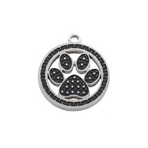 Raw Stainless Steel Paw Charms Pendant Black Enamel, approx 15mm dia [SSB1053]