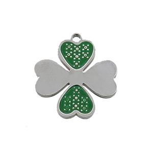Raw Stainless Steel Clover Charms Pendant Green Enamel, approx 16mm [SSB1055]