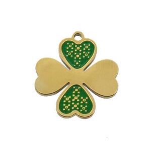Stainless Steel Clover Charms Pendant Green Enamel Gold Plated, approx 16mm [SSB1056]