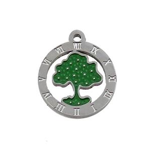 Raw Stainless Steel Tree Pendant Green Enamel, approx 15mm dia [SSB1057]