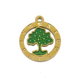 Stainless Steel Tree Pendant Green Enamel Gold Plated, approx 15mm dia [SSB1058]