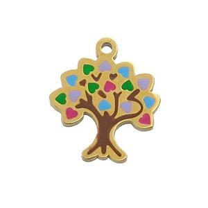 Stainless Steel Tree Pendant Multicolor Enamel Gold Plated, approx 14-15mm [SSB1060]
