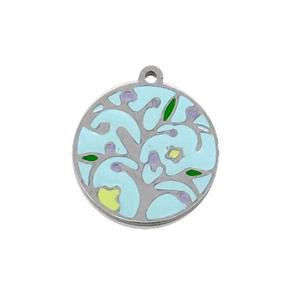 Raw Stainless Steel Circle Pendant Tree Of Life Multicolor Enamel, approx 16.5mm dia [SSB1063]