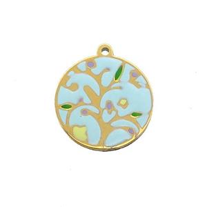 Stainless Steel Circle Pendant Tree Of Life Multicolor Enamel Gold Plated, approx 16.5mm dia [SSB1064]