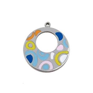 Raw Stainless Steel GoGo Charm Pendant Multicolor Enamel, approx 15mm dia [SSB1069]