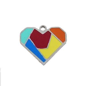 Raw Stainless Steel Heart Charm Pendant Multicolor Enamel, approx 13-15mm [SSB1073]