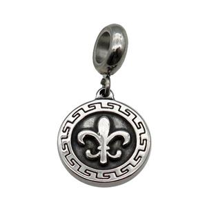 Stainless Steel Circle Pendant Fleur-de-lis Antique Silver, approx 15mm, 9mm, 5mm hole [SSB1205]
