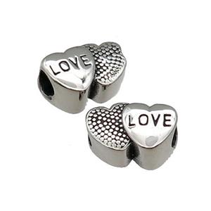Stainless Steel Heart Beads LOVE Large Hole Antique Silver, approx 10-15.5mm, 5mm hole [SSB1435]