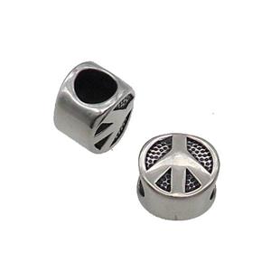 Stainless Steel Coin Beads Peace Sign Large Hole Antique Silver, approx 10mm, 5mm hole [SSB1561]