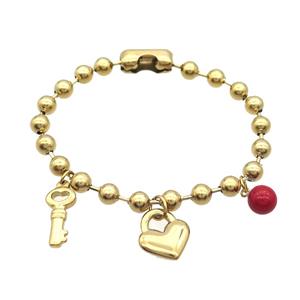 Stainless Steel Bracelet Key Lock Gold Plated, approx 14mm, 8-16mm, 6mm, 18cm length [SSB1712]
