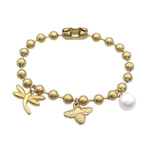 Stainless Steel Bracelet Dragonfly Honeybee Gold Plated, approx 10-16mm, 14-18mm, 6mm, 18cm length [SSB1715]