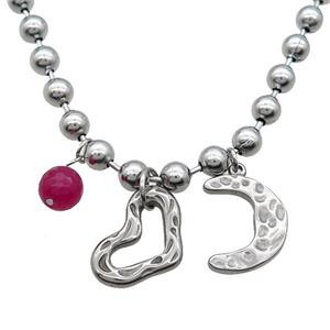 Row Stainless Steel Necklace Heart Moon, approx 8mm, 15-20mm, 6mm, 45cm length [SSB1963]