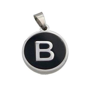 Raw Stainless Steel Pendant Pave Black Agate Letter-B, approx 15mm dia [SSB1980]