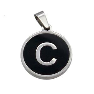 Raw Stainless Steel Pendant Pave Black Agate Letter-C, approx 15mm dia [SSB1981]