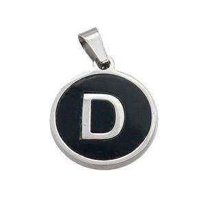 Raw Stainless Steel Pendant Pave Black Agate Letter-D, approx 15mm dia [SSB1982]