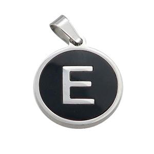 Raw Stainless Steel Pendant Pave Black Agate Letter-E, approx 15mm dia [SSB1983]